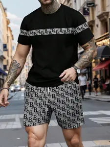 Luxury monogram print all-over patchwork men's summer new short-sleeved shorts two-piece set, casual and stylish sportswear