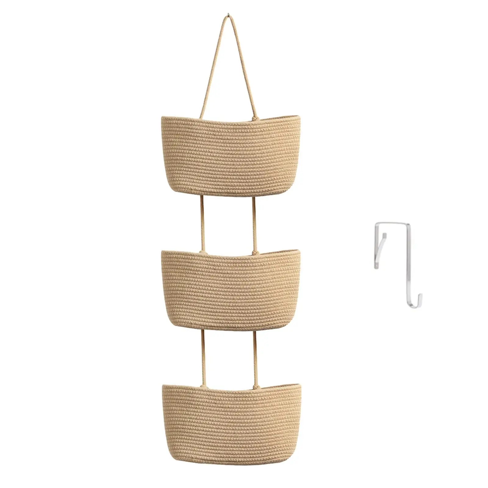 3-Tier Natural Rattan Weave Hanging Organizer Bag - Woven Cotton Fabric Over-the-Door Weaving Basket, Wall-Mounted Indoor Use Storage for Renters’ Space Maximization