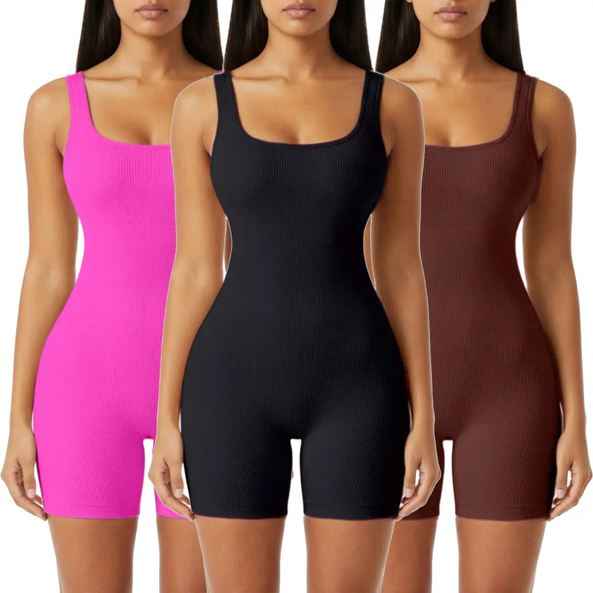 Kabuer Women's Ribbed Seamless Stretch Jumpsuit, Square Neck Sporty Romper with Tummy Control for Fitness, Yoga & Golf, Fitness Sport Outfits, Workout Gym Clothing