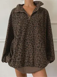 Women's Casual Leopard Print Zip-Up Hoodie - Long Sleeve, Loose Fit, Half-Zip Design, Brown & Black Retro Style For Spring/Summer/Fall