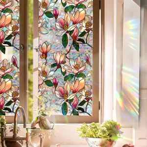 Window Film, Decorative Magnolia  Stained Static Glass Window Clings Stickers for  Office Living Room Bedroom Glass Windows Door Decor 16.93 x 39.37 Inches
