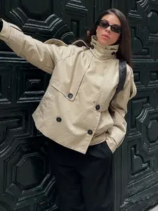 Women's Spring Fall New Windbreaker Short Jacket, Double-Breasted Wide Lapel Button Vintage, Elegant Office Wear Button Down Jacket