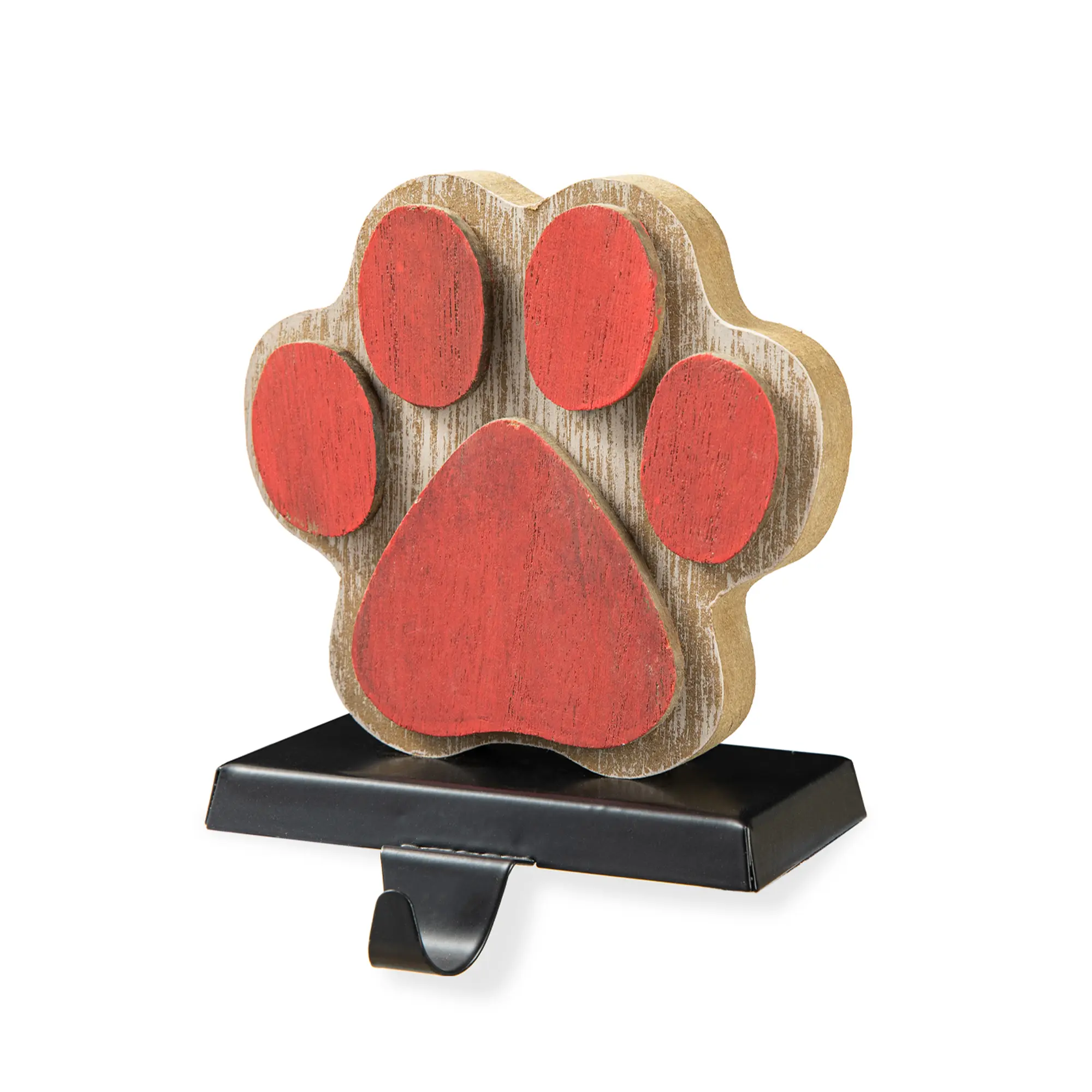 Glitzhome 6.30"H Handmade Wooden-Metal Paw Stocking Holder with Hook, 1.43lbs, for Indoors & New Year's Eve Festive Decorations
