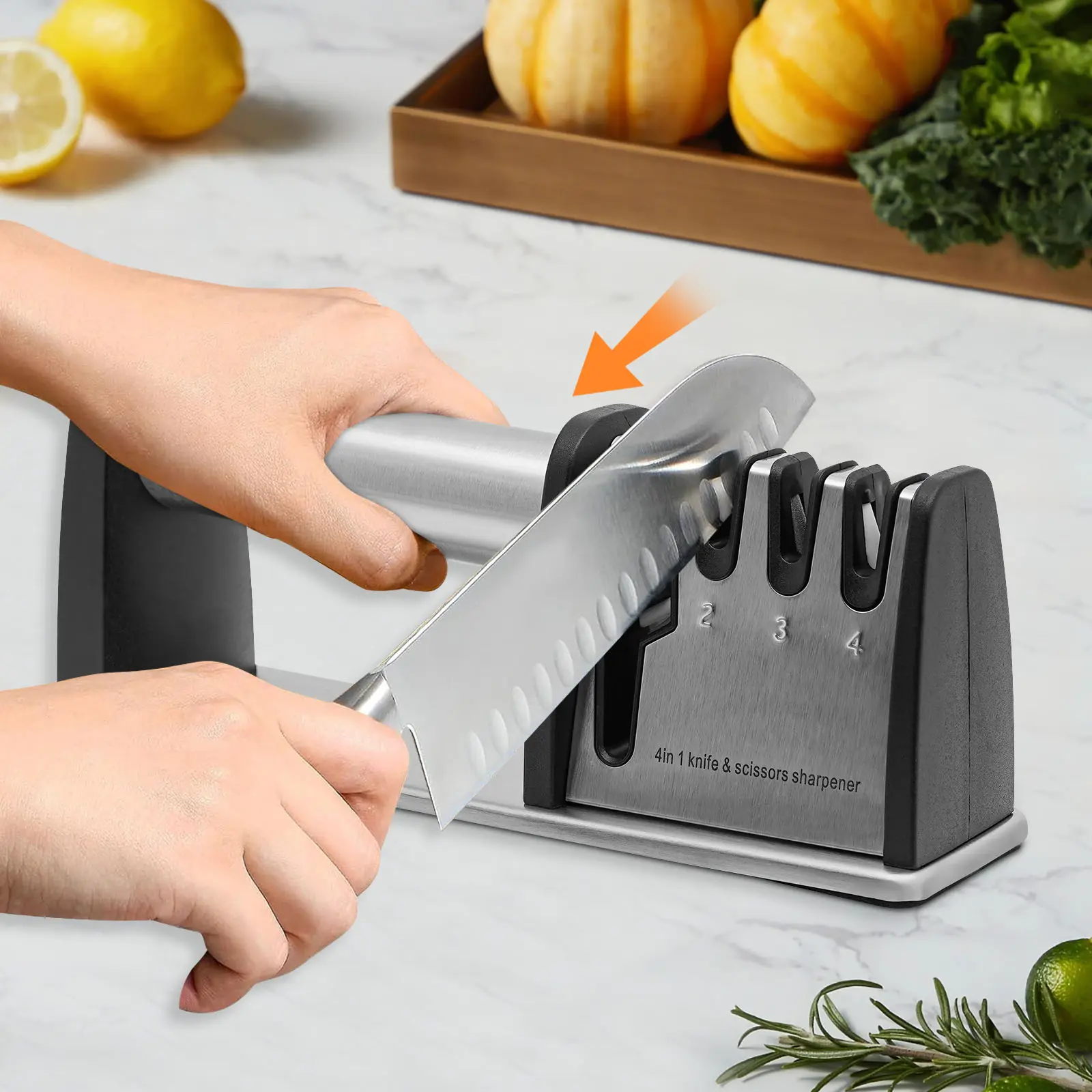 4-Slot Professional Knife Sharpener, Stainless Steel with Diamond, Ceramic & Tungsten Blades, PVC & ABS Silver-Black Kitchenware Tool, 0.29kg 22*6.6*7.8cm, for Kitchen Knives, Chef Scissors & Daily Maintenance, Compact, Multi-Slot, Tools And Gadgets, Impr
