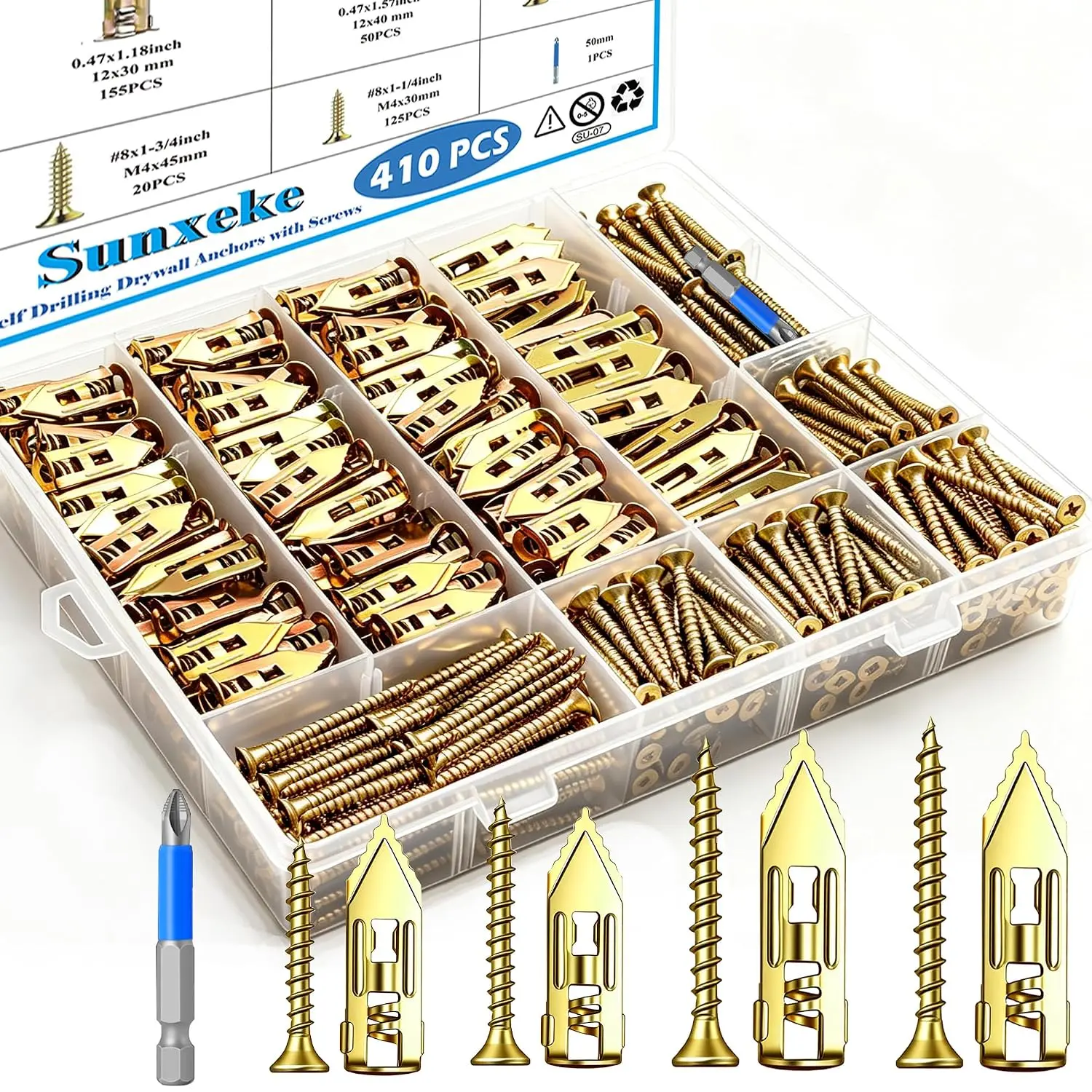 410 PCS Self Drilling Drywall Anchors with Screws Kit - 2 Sizes Sheetrock Anchors & 4 Sizes Zinc Expansion Screws,2026 Upgraded Zinc Plated Steel,No Drill Needed, Holds Up to 66LB on Walls