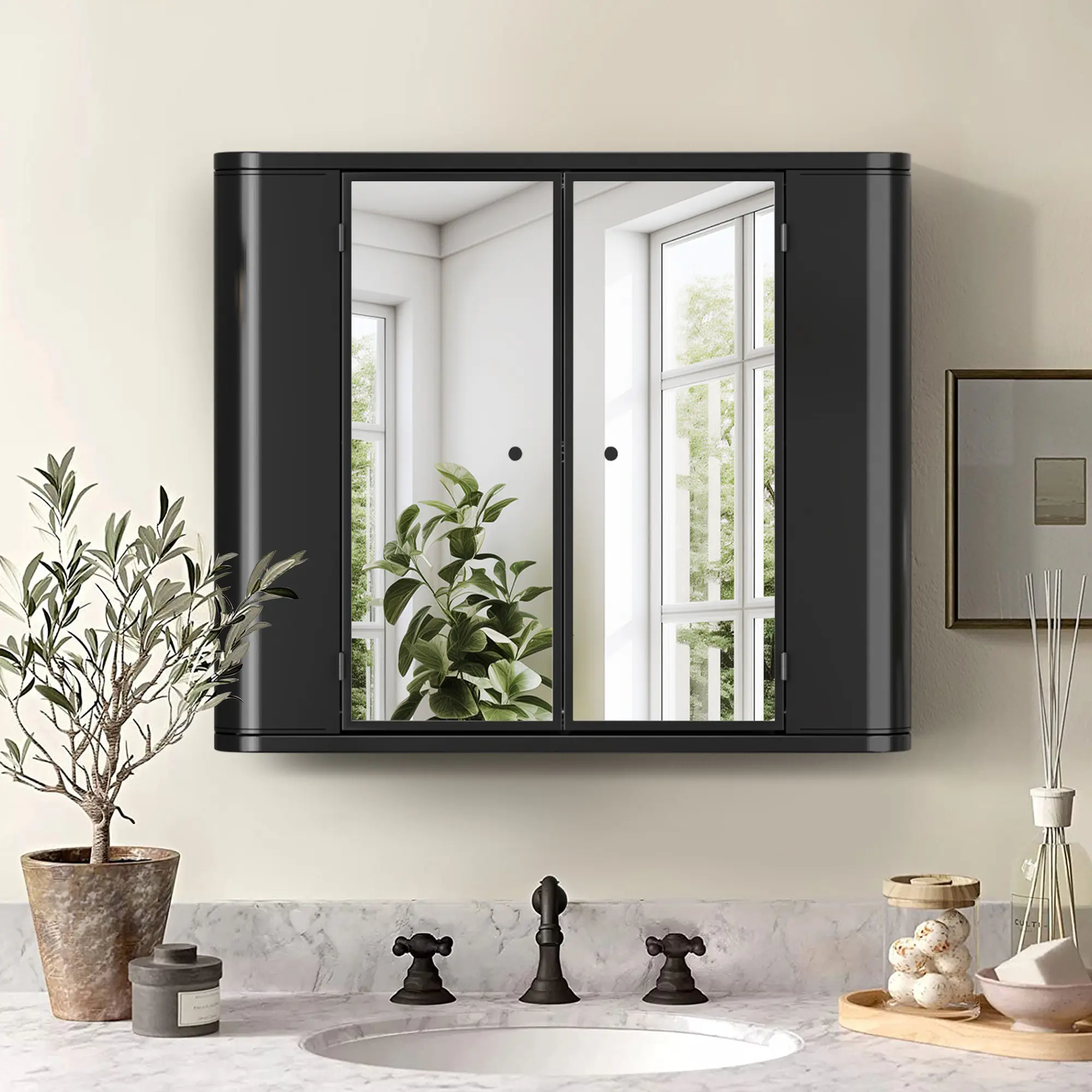 Soges Wall Mounted Medicine Cabinet with Mirror, Spave Saving Hanging Vanity Storage Cabinet with  Double Mirror Doors and Shelf for Bathroom Toilet Laundry Organizer, 27.6" x 23.6"