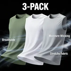 Set of 3 men’s breathable polyester fiber sports tank tops, regular-fit sleeveless shirts suitable for gym workouts, running, outdoor activities, and casual summer wear