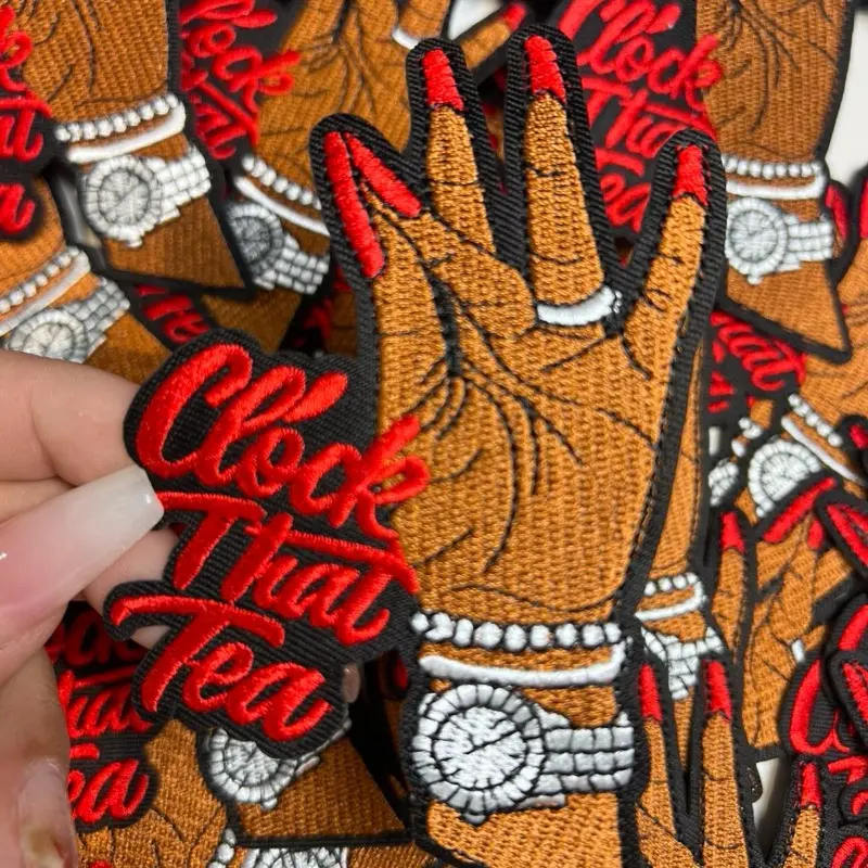 “Clock That Tea” Patch – Sassy Embroidered Hand with Pearls & Watch- Red