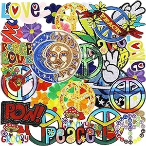 48 Pcs Iron On Patches Vintage Hippie Embroidered Patches Random Assorted Styles Patches Kit Aesthetic Repair Appliques for Sewing DIY Jacket Hat Clothing Backpack Jean 1970s Party (Cute Style)