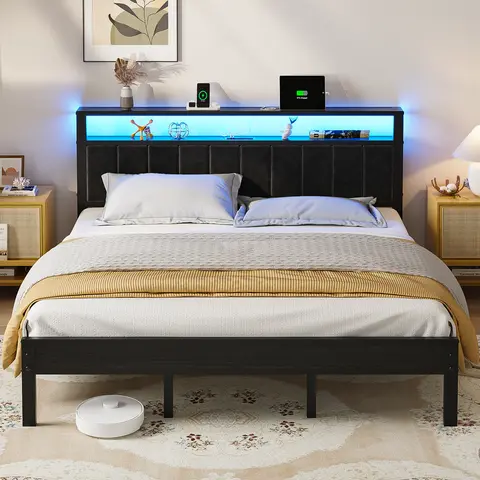 【NEW】DAYAGO Upholstered Metal King Platform Bed Frame - RGB LED Illuminated, with Charging Station, 2-Tier Storage Headboard, Under-Bed Storage, No Box Spring Needed, King Bed Frame