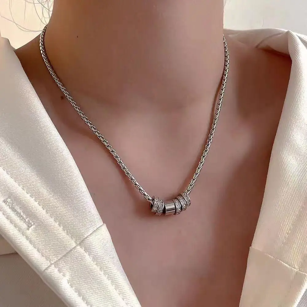 Sparkling Ring Pendant Necklace - Durable Titanium Steel Chain with Crystal Accent, Versatile Choker for Daily Style twist reel last supper name niki safety pin beaded layered set clothes