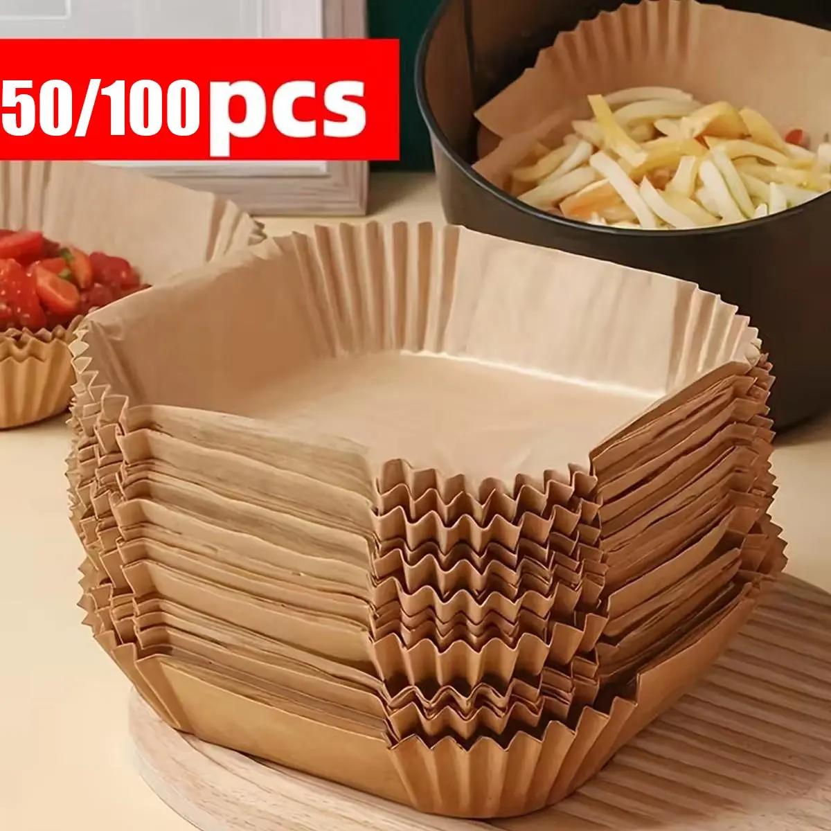 50/100pcs Non-Stick Air Fryer Paper Liners, Square Air Fryer Pads, Parchment Paper Squares, Bakeware, Kitchen Baking, Home Baking Supplies, Baking Accessories, Easy Clean, Healthy Cooking, Multipurpose Use, Suitable for Frying, Baking, Microwave Oven