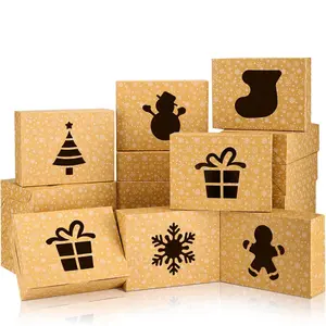 36 PCS Christmas Cookie Boxes, Brown Bakery Boxes with Window Chrismas Treat Containers for Gift Giving Cake Pastry Dessert Cupcakes Candy Donut Packaging