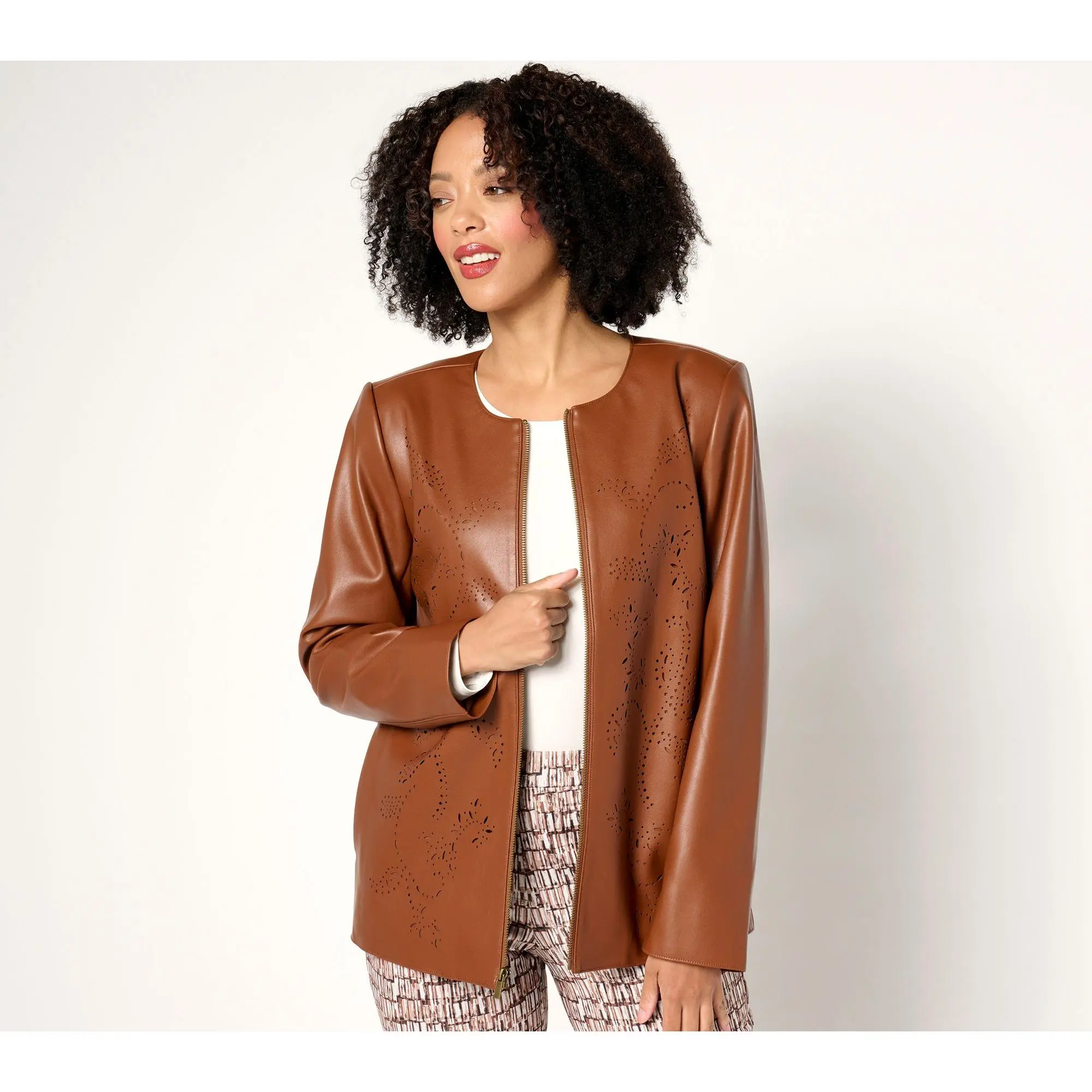Susan Graver Petite Faux Leather Jacket with Laser Cut Detail