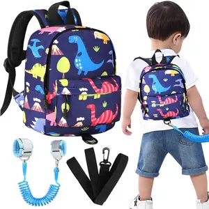 Toddler Backpack Leash with Anti Lost Wrist Link, Cute Mini Child Walking Harnesses Keep Kids Close Back Pack Rope Tether Rein for Baby Boys (Navy Blue/Dino)