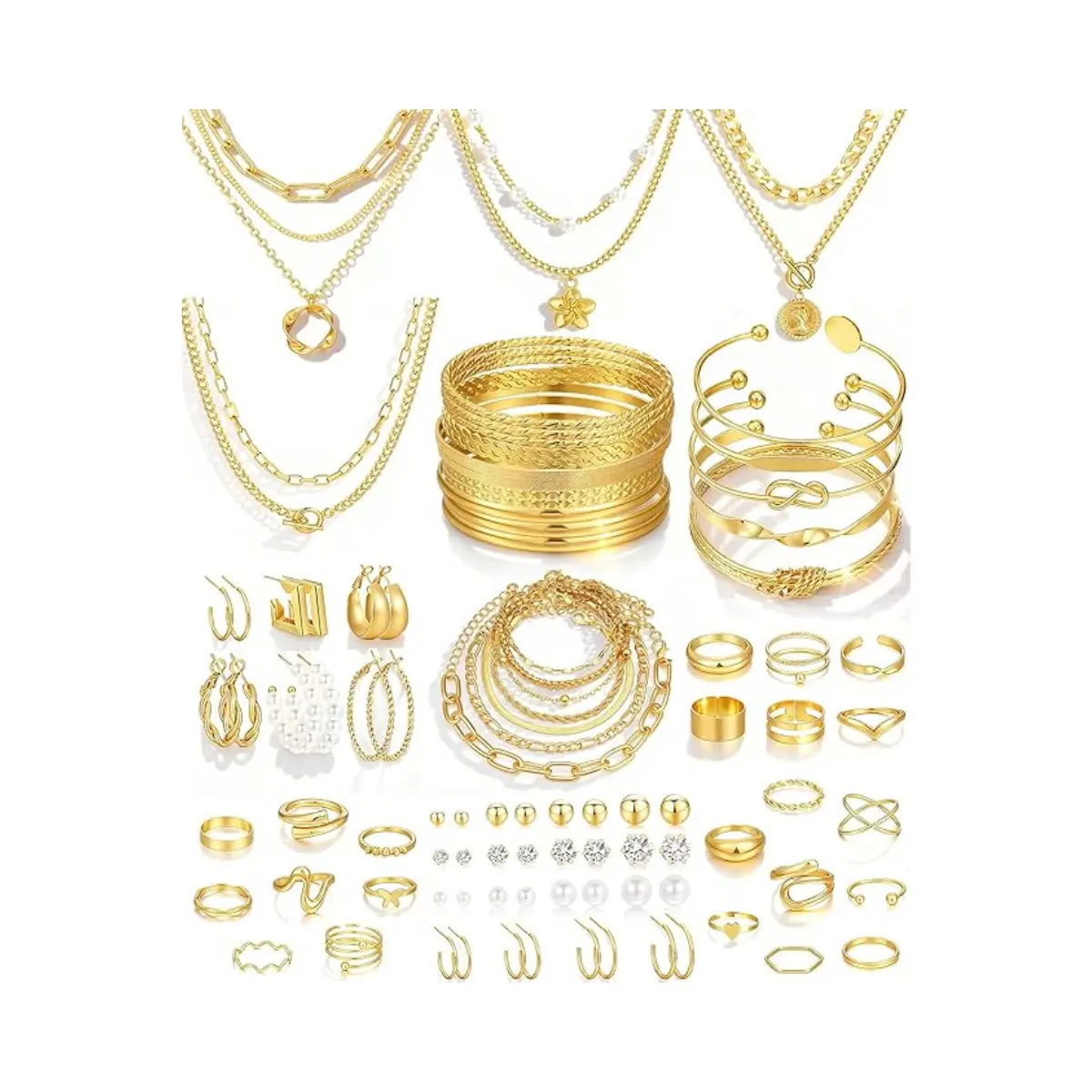 78PCS Gold Jewelry Set for Women Necklaces Bracelets Earrings Rings Fashion Jewelry Bundle