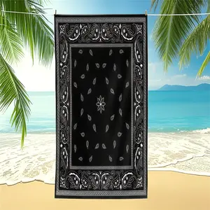 Paisley-Print Beach Towel—Black & White Patterned Pool Towel, Travel Towels. A Quick-Drying Microfiber Bath Towel/Blanket Blending Streetwear Trends with Western Cowboy Style—Ideal for Travel, Vacations, and Daily Home Use.