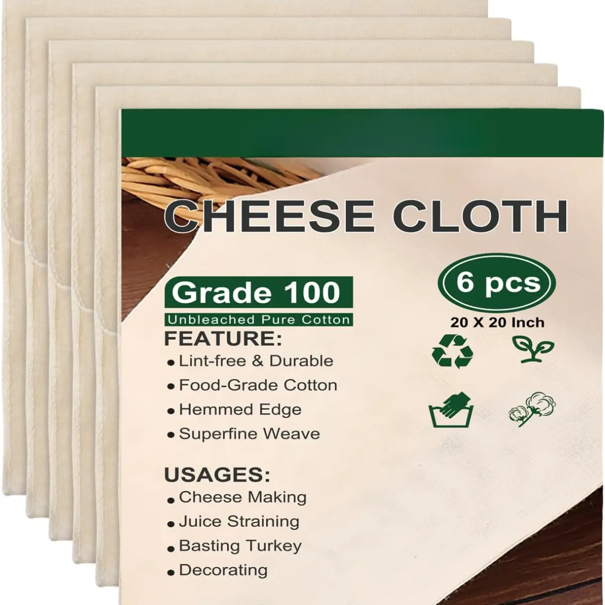6 PCS 20x20 Inch Cheese Cloths for Straining, Grade 100 Cheese Cloth, Reusable Washable Unbleached Pure Cotton Cheesecloth for Cooking and Cheese Making with Hemmed Edge