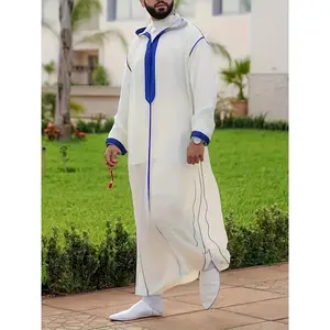 Moroccan Men'S Eid Al-Adha Colour Blocking Robes Casual Long-sleeved Hooded Four Seasons Models Robes Arab Islamic Muslim Traditional Culture Robes Clothing