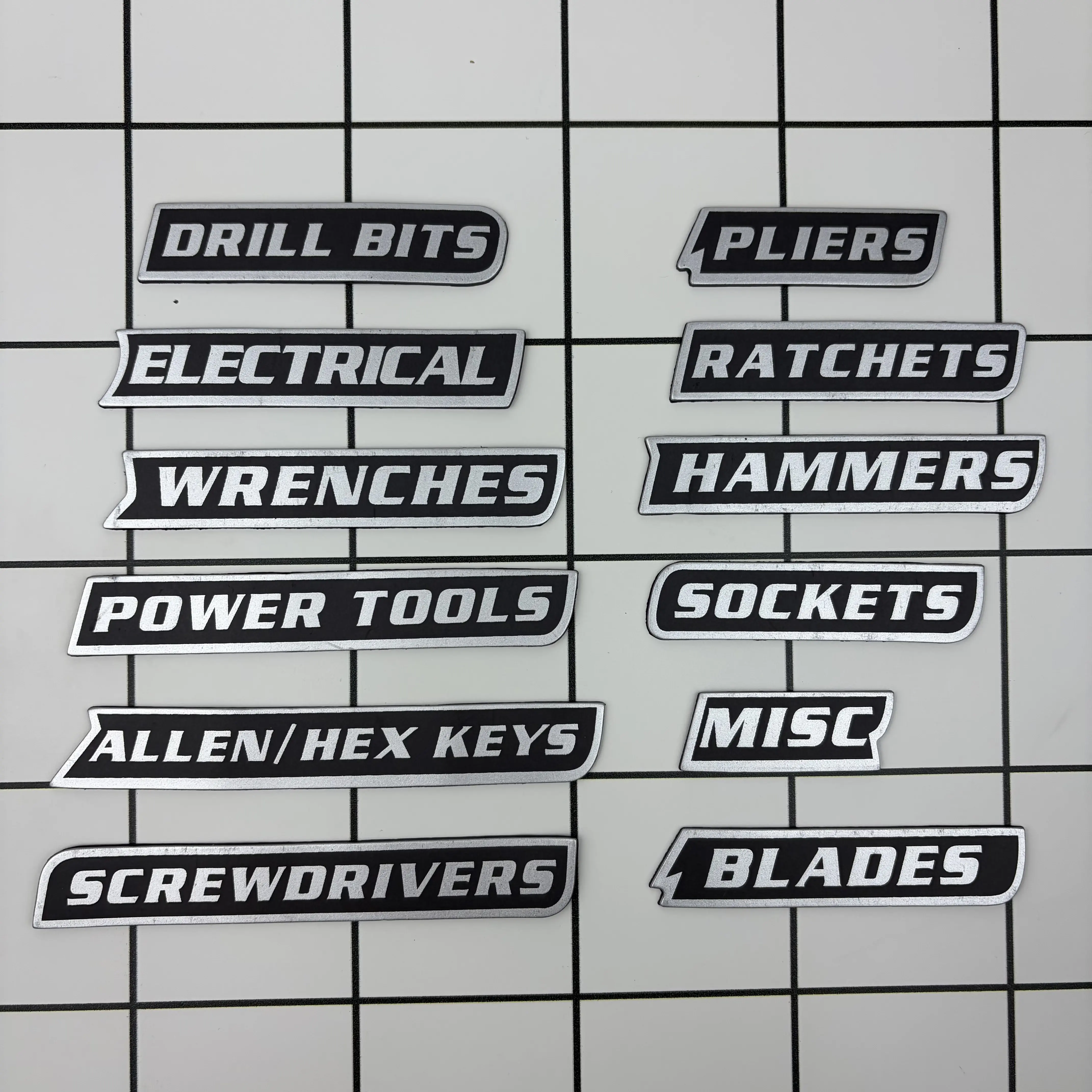 12-Pack Magnetic Toolbox Labels, 3D-Printed with Integrated Magnetic Surface, Office Organization Accessories, Reusable (Reusability Feature) for Steel Toolboxes, Drawers, Father's Day Gift Option