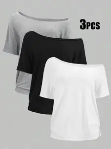 Women's Plus Size 3-Pack One-Shoulder Loose Short Sleeve T-Shirt, Casual Solid Color Basic Top, Comfortable and Stylish