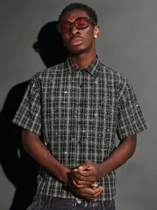 Rhinestone Plaid Short Sleeve Shirt Men, Y2K Bling Checkered Button Down Streetwear Top, Black Rhinestone Grid Button Up, For Daily Wear, Summer Outfits, Men's Retro Streetwear, Fashion #summeroutfits