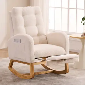 Nursery Rocking Chair, Teddy Upholstered Glider Chair with Footrest, Tufted Rocker Recliner with Side Pocket, Comfy Recliner Glider, Accent Chair for Living Room
