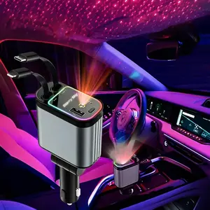 Mother's Day Gift:66W 4-in-1 Retractable Car Charger with Starry Sky Projection Light | Fast-charging mobile phone charger supports Type-C interface, with 2 USB ports For iPhone 15/14/13/12/11, For Galaxy, Pixel, iOS/Android devices,