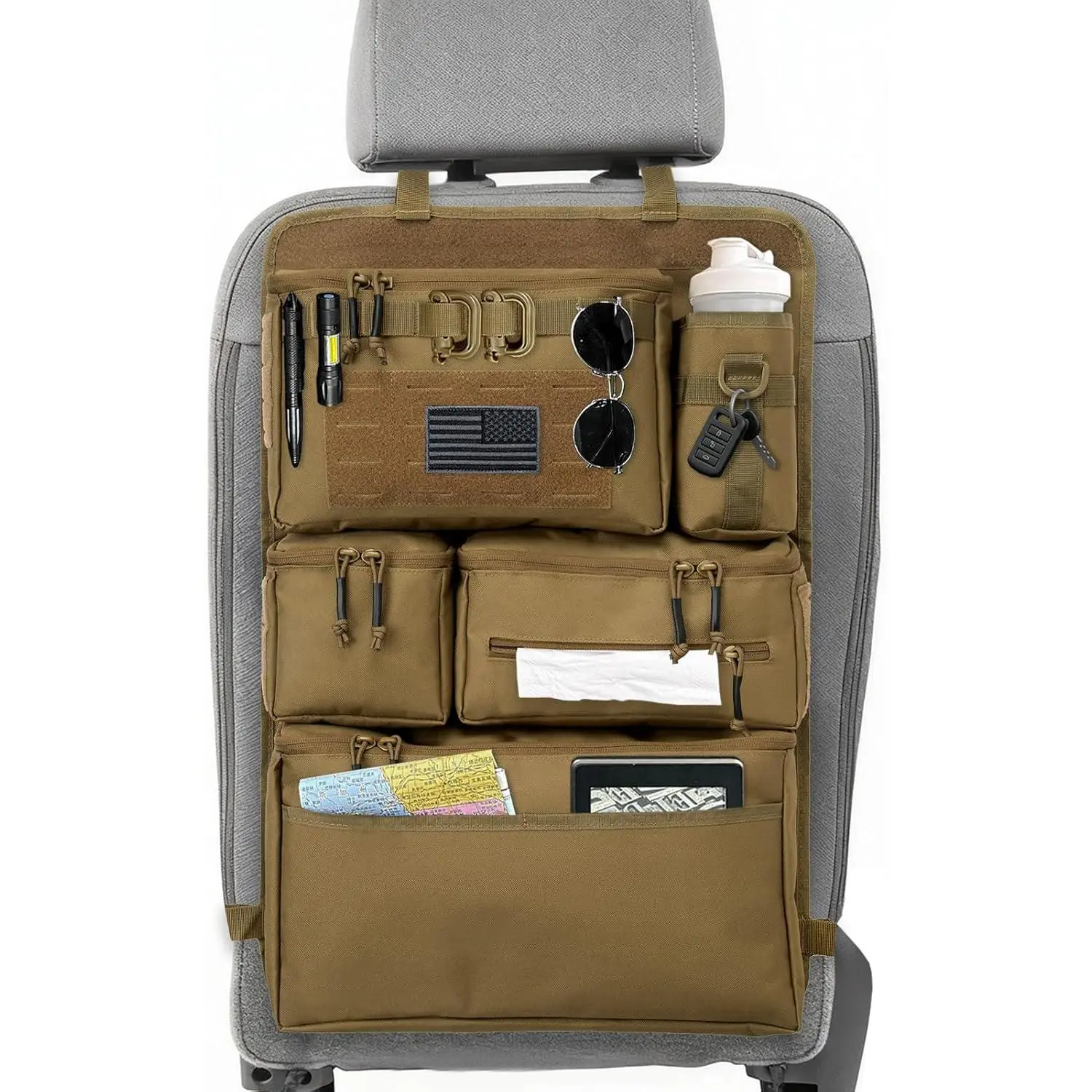 Automotive Heavy-Duty MOLLE Tactical Car Seat Back Organizer, Stowing & Tidying Accessory with Multiple Pockets, Hook-Loop Panel for EDC Gear, Road Trips, Universal Fit for Car, SUV, Truck, Jeep (Mud), Car Seat Organizer Stowing & Tidying