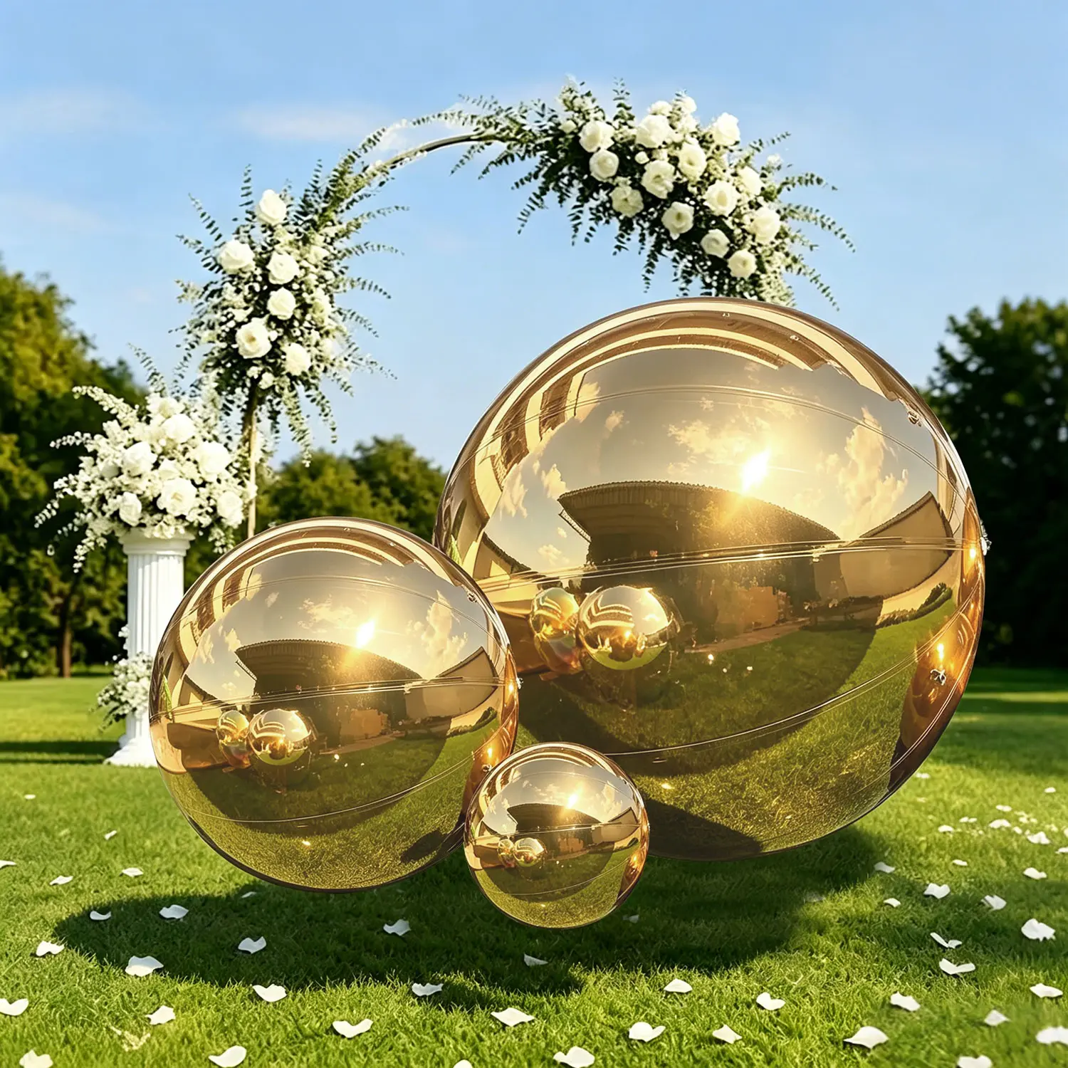 3 PCS Gold Metallic Inflatable Mirror Ball Set with Pump - Giant 72"/48"/24" Reflective Spheres for Luxury Wedding, Grand Event & Photo Backdrop Decor