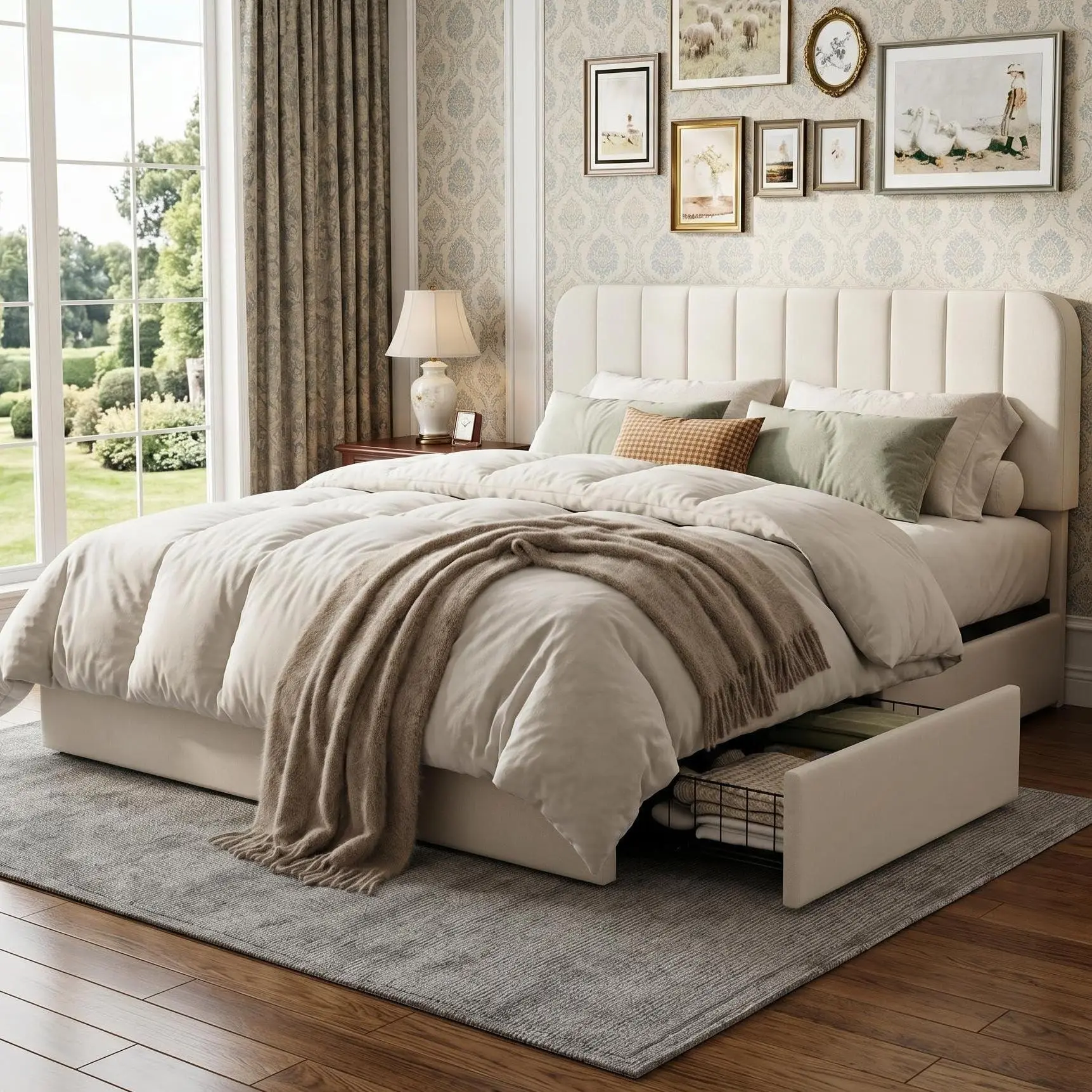 Modern Queen Size Striped Velvet Upholstered Platform Bed - Adjustable Headboard, 4 Rolling Storage Drawers, Slatted Base, No Box Spring Needed, Easy Assembly, Beige
