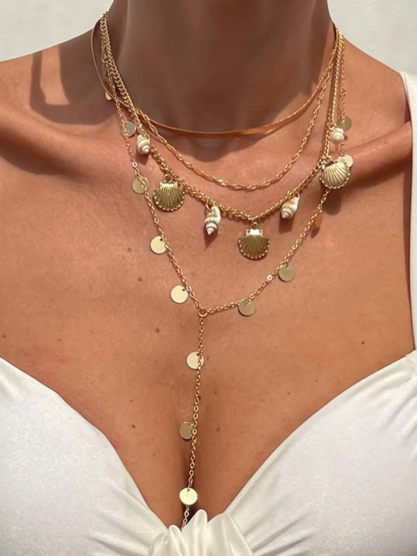 4-Piece Ocean Vacation Style Fan Shell & Conch Necklace Set, Trendy Glitter Chain Blooms Collar Layered Chain Jewelry for Summer Beach Fashion