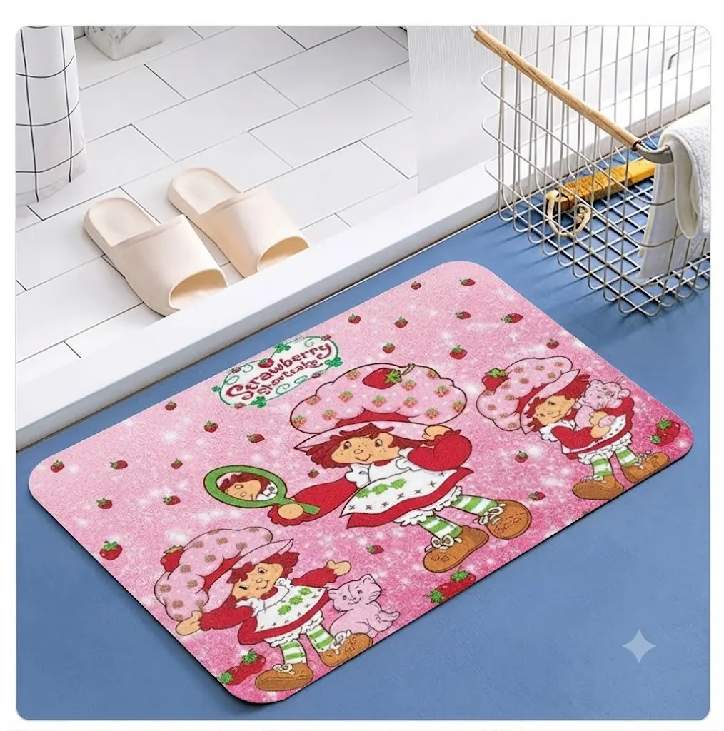 Cute Strawberry Shortcake Door Mat Vintage Cartoon Welcome Rug Non Slip Front Door Carpet Indoor Outdoor Kitchen Bathroom Entryway Decor