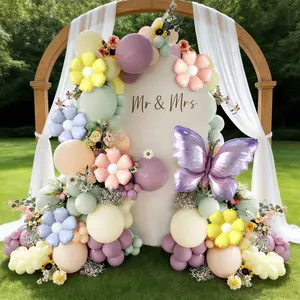 137Piece Spring Floral Butterfly Balloon Arch Kit, Balloon Garland, including lavender, purple, orange daisy foil balloons, butterfly foil balloons, and pastel-colored latex balloons. Ideal for birthday parties, baby showers, spring garden tea parties
