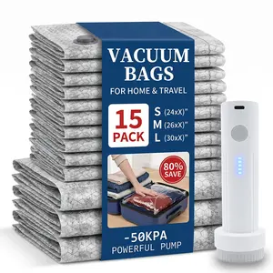 [2026 Upgraded] X7 Cordless Travel Vacuum Storage Compression Bag Set with Rechargeable air Pump 15 Pack Waterproof &Reusable Compression Packing Bags for 3Size, 140L/Min Powerful Air Removal,Perfect for Carry-On Suitcases Mother’s Day Gift Idea