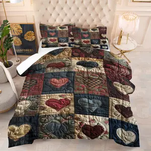 Vintage Heart Patchwork Comforter Set (with 1-2 Pillowcases), Decorative & Warm Bedding, An Ideal Gift for Creating A Romantic Nest, Patchwork Quilt Sets