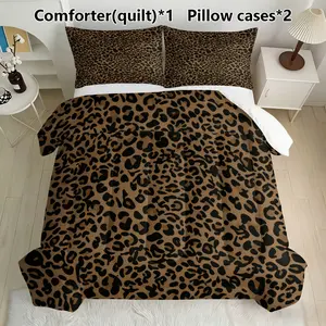 3-piece set of quilted bedding, 1 piece of bedding (200g filled)+2 pillowcases (unfilled) with yellow leopard print pattern printed bedding, soft and comfortable bedroom decoration, simple and high-end holiday gifts