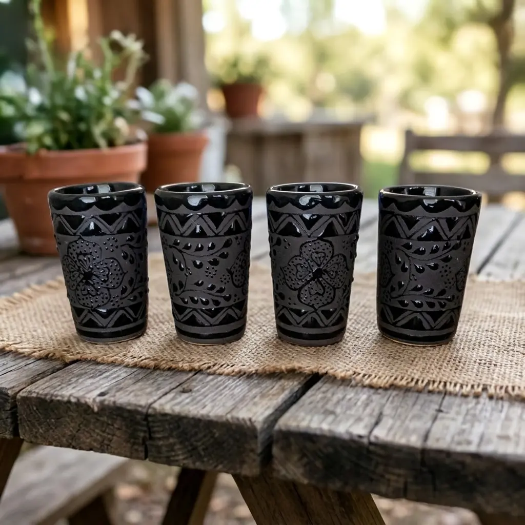 Rustic Mexican Shot Glasses Set of 4 - 2.2oz Handmade Stoneware Pottery Tequila Cups, Lead-Free Ceramic Barware, Ideal Birthday Gift