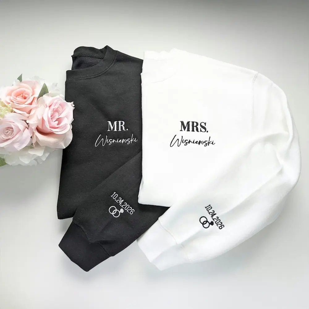Custom Mr and Mrs Embroidered Sweatshirt with Date & Initials, Personalized Bride and Groom Crewneck, Wedding Gift, Engagement Present, Cozy Couple Outfit