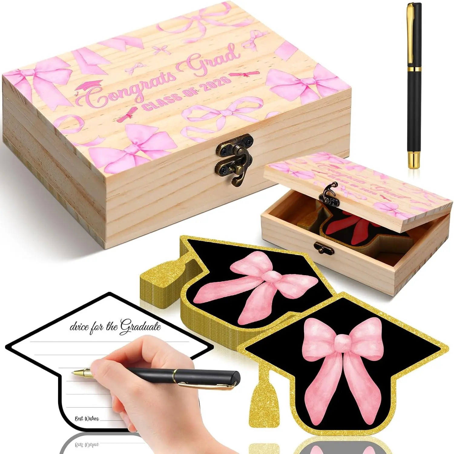 Resurhang 60 Pcs Pink Bow Graduation Wooden Card Box 2026 Graduation Advice and Wishes Cards with Pen Class of 2026 Gifts for the Graduate Grad Party Decorations High School College
