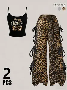 Tiktok Trendy Leopard Cherry Top & Wide-Leg Pants Set, Y2K Style Side Ribbon Tie, Fashion Streetwear Women's Aesthetic, Available in