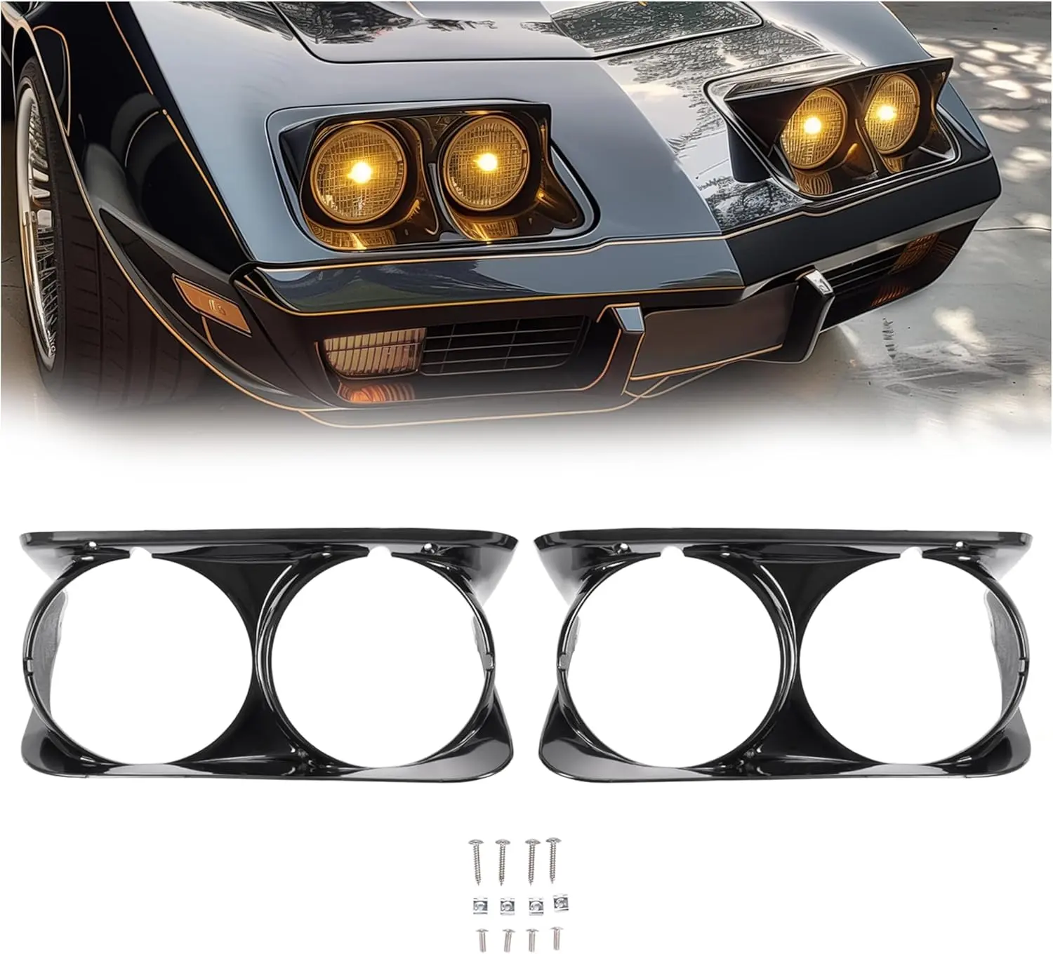 HECASA Pair of ABS Plastic Black Headlight Bezels, Car Accessories, Compatible with 1968-1982 Chevy Chevrolet C3 Corvette, Driver & Passenger Side Headlamp Covers