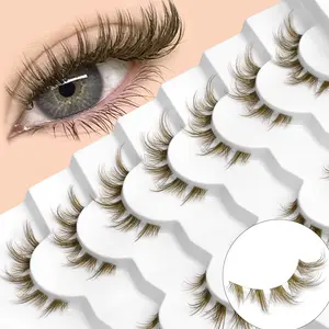 GROINNEYA 7 Pairs Brown Doll Eye Lashes D Curl Cluster Eyelashes Glam Volume Makeup Eye Lashes Wispy Soft Self Adhesive False Eyeashes Lightweight Synthetic Natural Look Fake Eyelashes With Transparent Stem Band,Perfect for Everyday Wear And Beginners