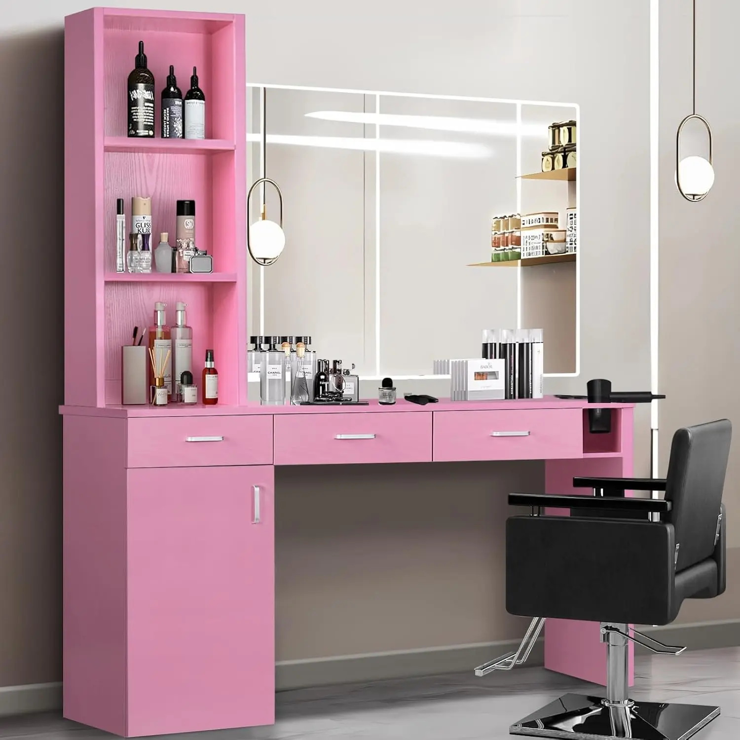 [SummerSale] HOMBCK Barber Station for Hair Stylist, Salon Wall Station with Barber Cabinet, Hair Stations Equipment Hair Dryer Holder, Drawers#home essentials#back to school