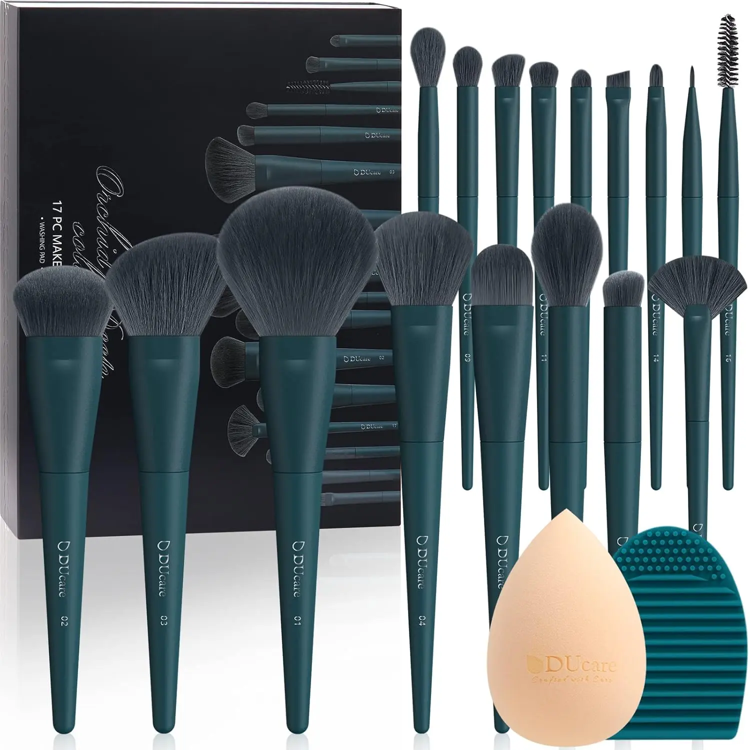 Ducare Makeup Brushes Set 17 Pcs with Brush Cleaning Mat and Makeup Sponge Professional Face Powder Eye Shadow Powder Liquid Cream Kit Gift Box Doremi Beauty