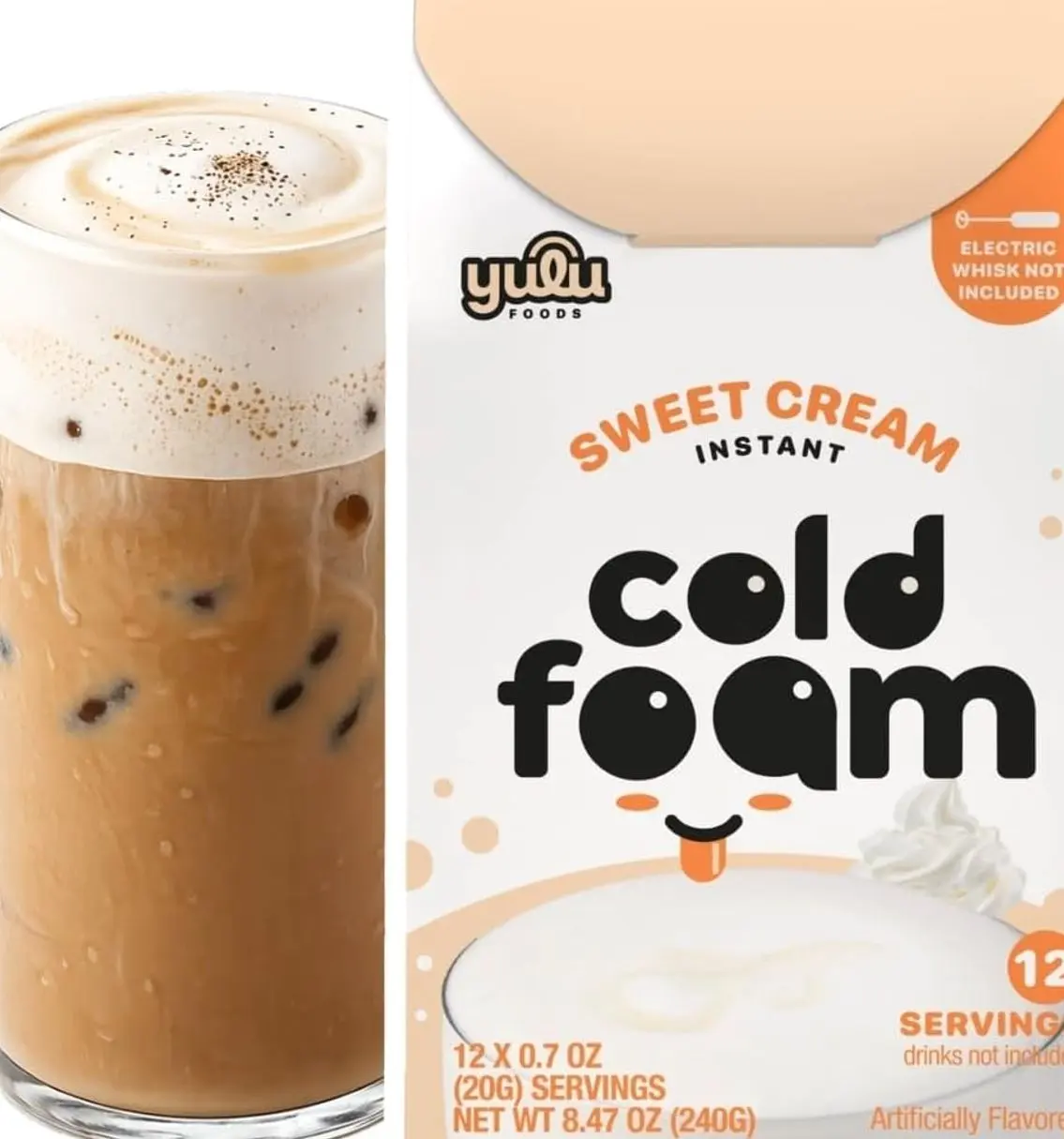 YULU FOODS Sweet Cream Instant Cold Foam Sticks (12 Servings, 8.47 oz) | Non-Dairy Vanilla Cold Foam for Iced Coffee, Tea & Matcha | Caffeine-Free | Whip Café-Style Foam in Seconds
