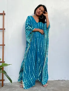 Teal Aqua Blue w/ Off White Tie Dye Kaftan, Moroccan Caftan For Women, Beach Cover Up, Bali Holiday Dress