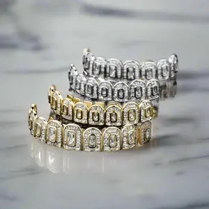 2 pcs set of Color CZ & Baguette Grillz Stainless Wire Oral Retainers Hip Hop Jewelry for Men Women Iced Out Teeth Accessories