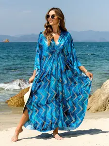 Women's Boho Beach Cover-Up, Hand-Woven Silver Shinning Printed Blue Long Robe, Loose-Fitting Vacation Kaftan Dresses