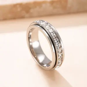 Anxiety Rings for Women and Men Titanium Steel Spinner Fidget Band Rings with Cubic Zirconia for Stress Relief and Wedding Promise Comfort Fit Size 5 to 12 outdoorfun